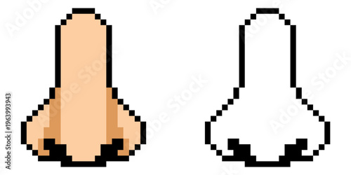 Set pixel nose vector for retro medical games. Ideal for symbolizing 8-bit digital anatomy, arcade style faces, and nostalgic human breathing.