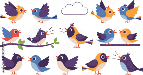 Colorful Cartoon Bird Set with Chirping, Pairing, and Branch Poses for Kids' Art, Stickers, and Designs