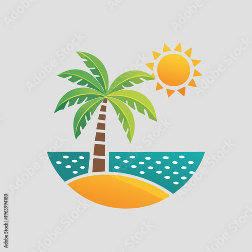 Tropical island paradise with palm tree and bright sun.
