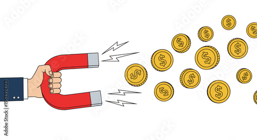 Profit attraction and wealth generation concept showing a businessman hand using a magnet to pull gold coins.