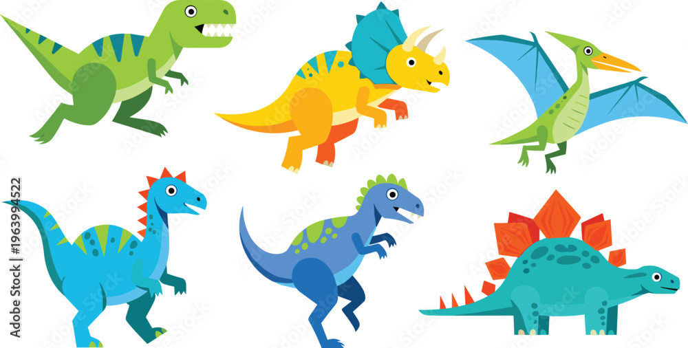 Obraz premium Cartoon Dinosaur Set with Colorful T-Rex, Triceratops, Pterodactyl, Stegosaurus, and Other Dinosaur Illustrations for Kids and Educational Designs