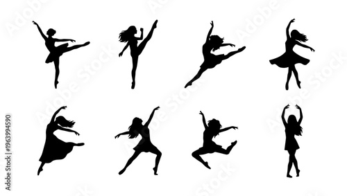 Graceful ballerina silhouettes set, 8 vector ballet dancer figures in motion, elegant female performers in artistic dance poses and jumping actions
