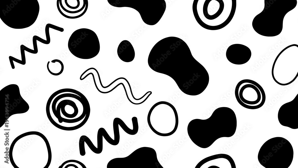 Fototapeta premium Abstract organic shapes pattern, black and white hand drawn doodle background, minimalist memphis style vector texture for textile and web design