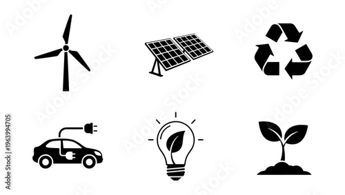 Renewable energy icon set with 6 black vector elements, sustainable green technology symbols, eco friendly power and recycling graphics for environment projects