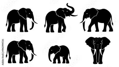 Black elephant silhouette collection, set of 6 african elephant vector icons, wild animal silhouettes for safari and nature conservation designs