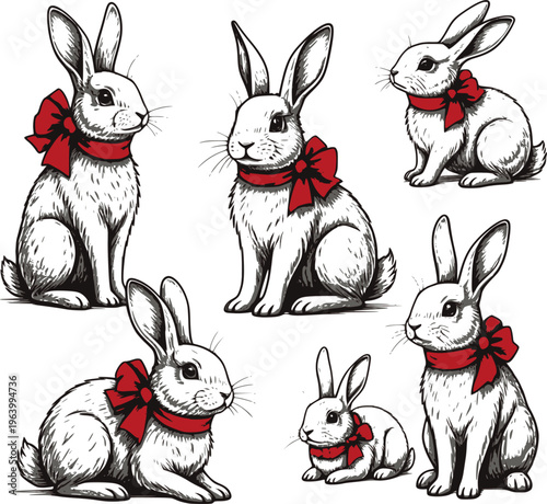 Easter stickers, spring holiday decorative prints set. Cute bunnies with red bow and ribbons decoration art collection. Whimsical badge, seasonal animal for dinner invitation card. Transparent EPS.