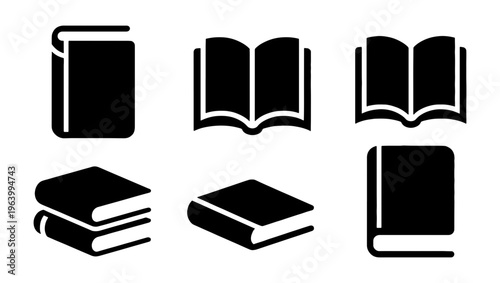 Minimalist book icon set, black silhouette library symbols, 6 vector elements for education and literature, flat book graphics for publishing