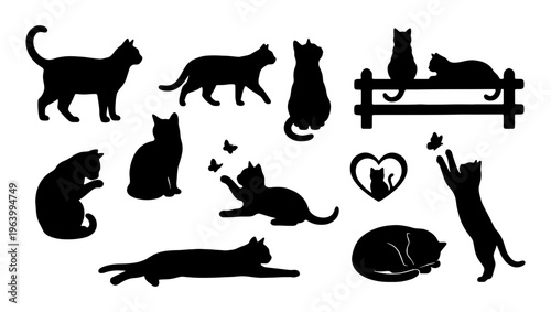 Black cat silhouettes collection, 12 feline vector elements in various poses, domestic cat icons for pet shop branding and animal lover designs