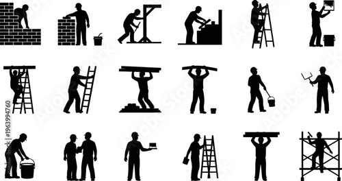 Collection of construction worker silhouettes performing various building and renovation tasks on white background.