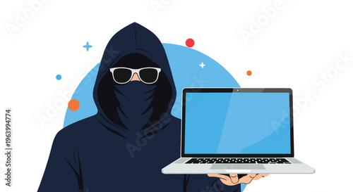 Cybersecurity alert and cybercrime concept featuring a mysterious hooded hacker holding a laptop with a blue screen.