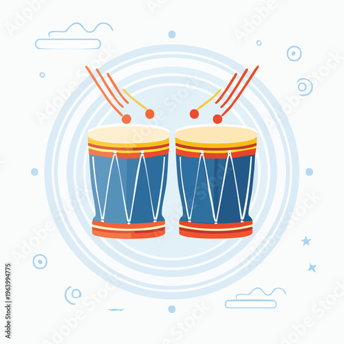 Two Bongo Drums with Drumsticks on a Circular Background.