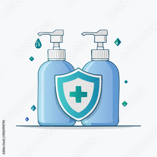 Two blue hand sanitizer bottles with a shield icon, symbolizing hygiene and protection.