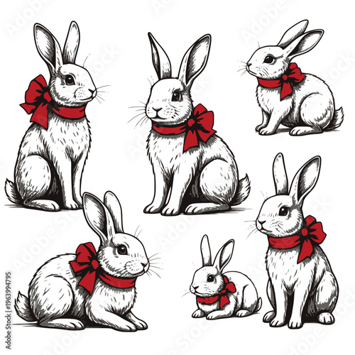 Easter stickers, spring holiday decorative prints set. Cute bunnies with red bow and ribbons decoration art collection. Whimsical badge, seasonal animal for dinner invitation card. Transparent SVG.