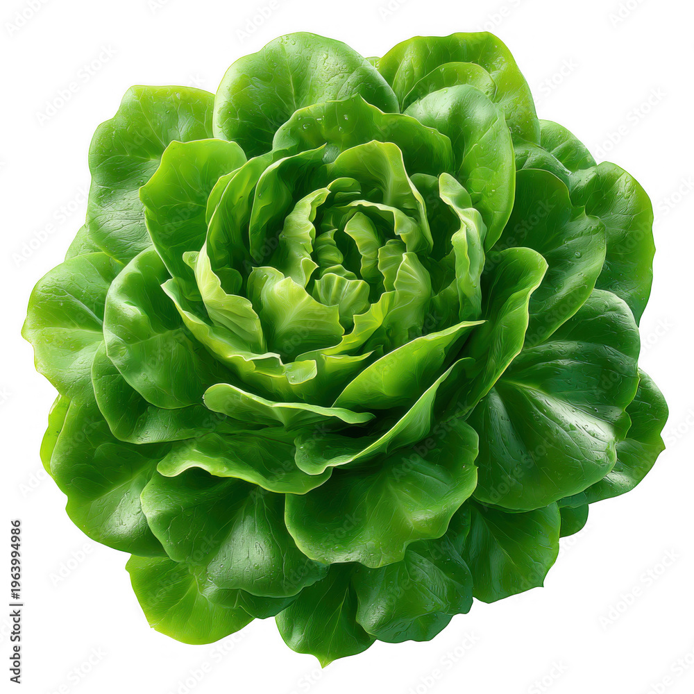 Obraz premium A vibrant and fresh green head of lettuce with tightly packed leaves viewed from directly above isolated on transparent background
