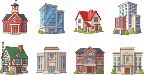 Collection of various cartoon buildings and houses vector illustration on white background