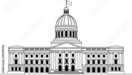 Detailed Vector Illustration of a Classic Government Building with Dome and Flag