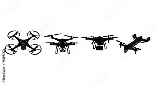 Four different drone silhouettes flying in a row