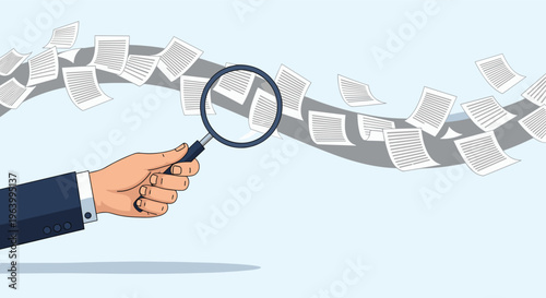 Hand holding magnifying glass to inspect various documents flowing in a curved path representing data analysis process.