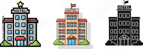 Hotel Building Icons Set: Pixel Art, Flat, and Silhouette Styles
