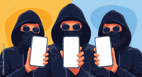 Group of three anonymous hackers wearing hoodies and masks holding blank smartphones ready for cyber crime activities.