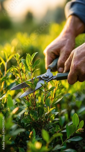 Hands cutting green hedge with scissors.