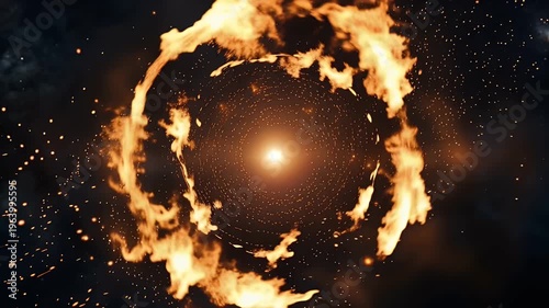 Fiery circular portal with glowing core and sparks on dark background, cinematic energy ring