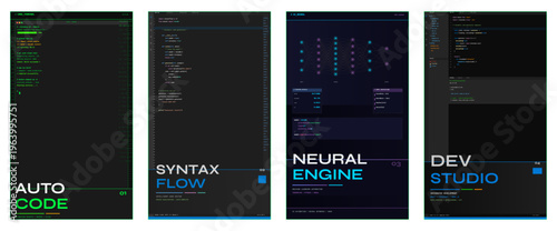 Automatic coding poster design, programming advertisement layout, developer magazine cover, software brochure template, technology flyer, code editorial branding, digital automation marketing visual