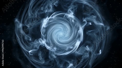 White smoke spiral vortex with glowing core on dark cosmic background, abstract portal