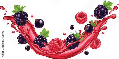Berry Juice Splash Vector Illustration Featuring Raspberry, Blackberry, and Currant with Fresh Leaves in Dynamic Liquid Composition for Healthy Drink Design