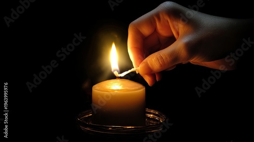 Hand lights candle with gentle flame