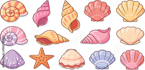 Colorful Seashells Vector Illustration Set Featuring Starfish, Spiral Shells, and Marine Ocean Elements for Summer Beach Design and Coastal Decoration