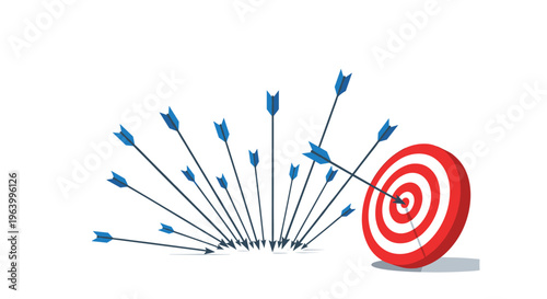 Target with many missed arrows on the ground and one arrow hitting the bullseye representing persistence and success.