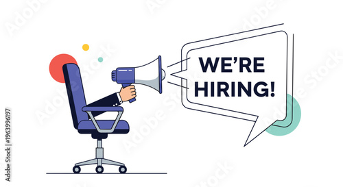 Office chair with megaphone and recruitment message we are hiring in speech bubble symbolizing job vacancy and recruitment.