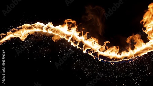 Sweeping ribbon of fire with glowing sparks on black background, abstract transition