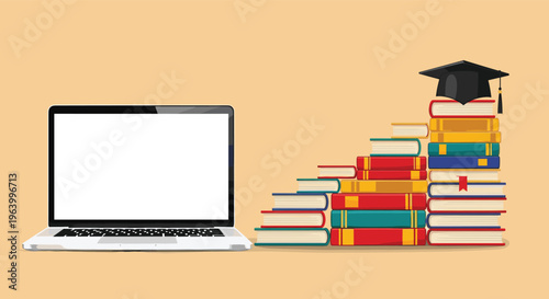 Laptop computer next to a staircase of books with a graduation cap symbolizing online education and degree success.