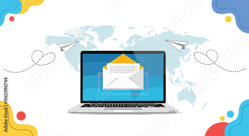 Laptop displaying an open email envelope with world map and flying paper planes representing global communication.