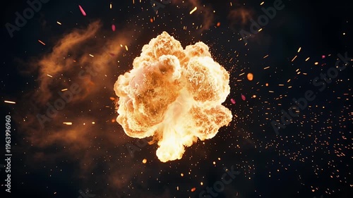 Powerful orange fire particle explosion with sparks and smoke on black background