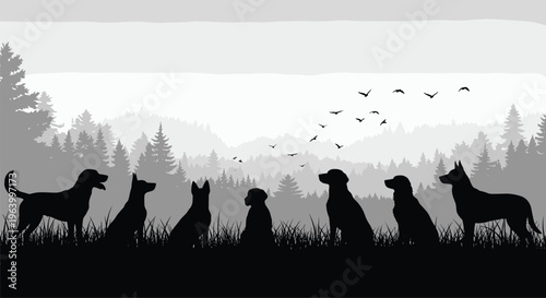 Dog group forest silhouette illustration, outdoor nature artwork, wildlife companionship design, layered landscape vector, peaceful animal scene illustration