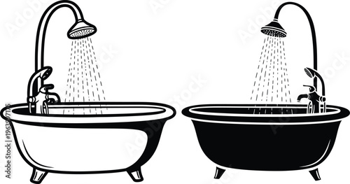 Two antique clawfoot tubs with overhead shower heads