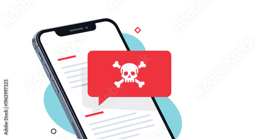 Smartphone displaying a critical alert message with skull and crossbones icon on a red speech bubble for security.