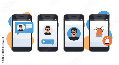 Four mobile phones displaying security breach notifications with hacker avatars and alarm icons for cyber safety.