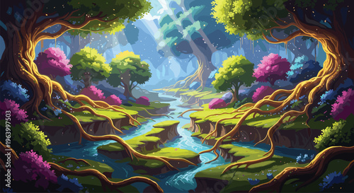 Fantasy enchanted forest illustration, magical glowing stream artwork, mystical nature design, ethereal light vector, dreamlike landscape illustration