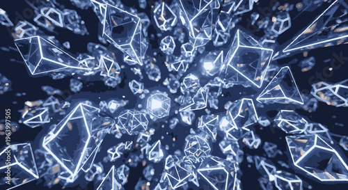 Abstract digital background with glowing blue geometric crystal shards floating in dark space, representing technology, data, or a quantum universe.