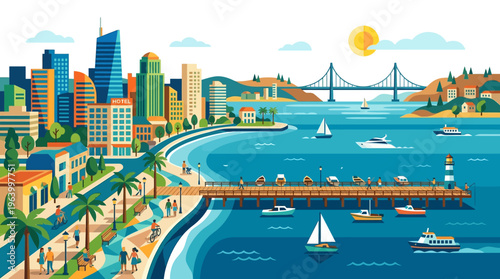 City Skyline with Waterfront Pier Boats.