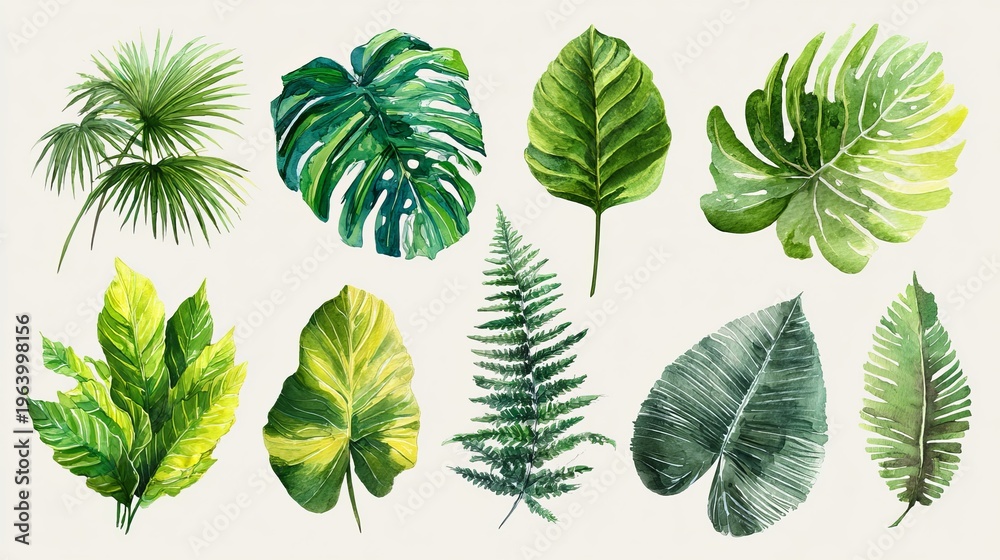 Fototapeta premium A collection of various green leaves on a plain background