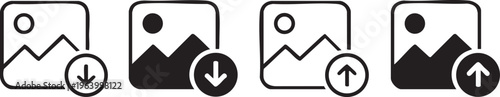 Minimalist image upload and download icons, set of 4 vector symbols for digital media, black line and solid gallery placeholder signs