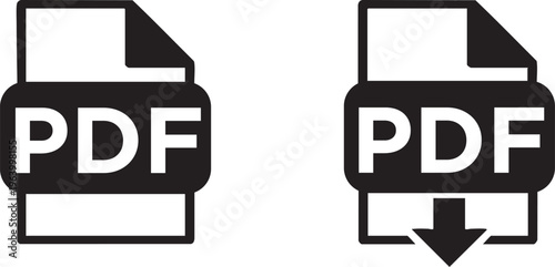 PDF file format icons, black and white document download symbols, digital file extension signs for web interface and graphic design
