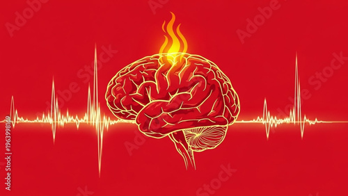 Conceptual illustration of a burning human brain on a red background with a glowing EKG heart rate pulse line, representing stress or high activity