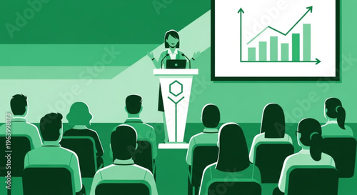 A green-toned flat illustration of a female speaker at a podium presenting a financial growth bar chart to an audience in a conference room.