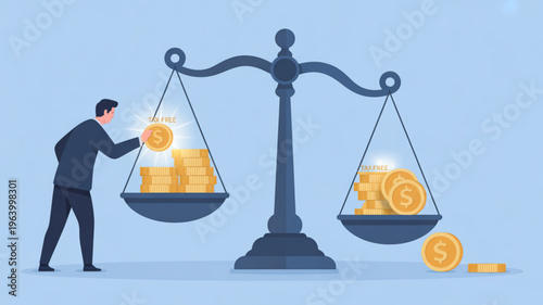 Businessman balancing scales with gold coins on both sides on a light blue background